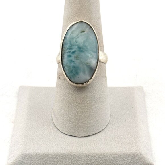 Estate Sterling Silver 925 Larimar Oval Gemstone Ring Size 7.5, 7.2g Vintage - Picture 1 of 8